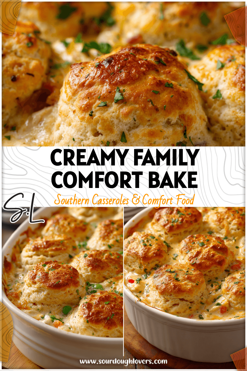 Close-up of a creamy Country Chicken Biscuits Casserole topped with golden biscuits ready to serve.